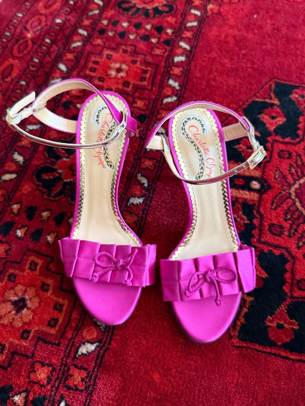 Charlotte Olympia Fuchsia Bow Ankle-Strap Sandals with Gold Accents